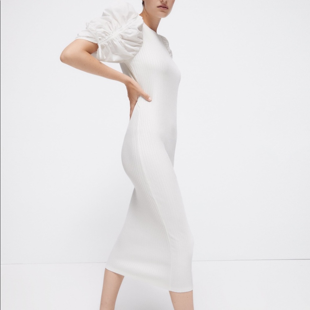 Zara Ribbed Knit Puff Sleeve Back Cutout Midi Dress NWT - Picture 12 of 16